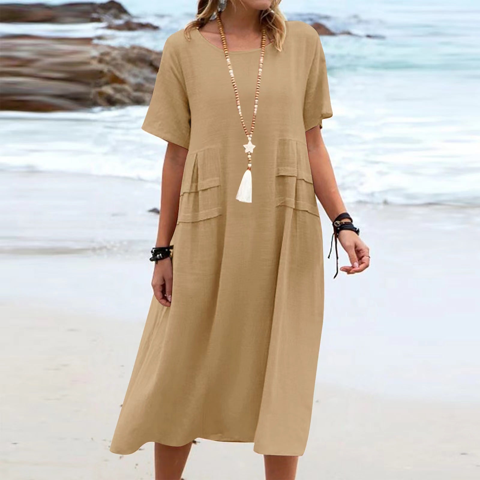 Robe Midi Décontractée d'Été – Élégance Naturelle en Coton & Lin Beige Foncé 0d0c6ea3-e37c-40dd-a270-04d292a57dd0