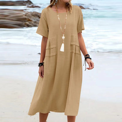 Robe Midi Décontractée d'Été – Élégance Naturelle en Coton & Lin Beige Foncé 0d0c6ea3-e37c-40dd-a270-04d292a57dd0