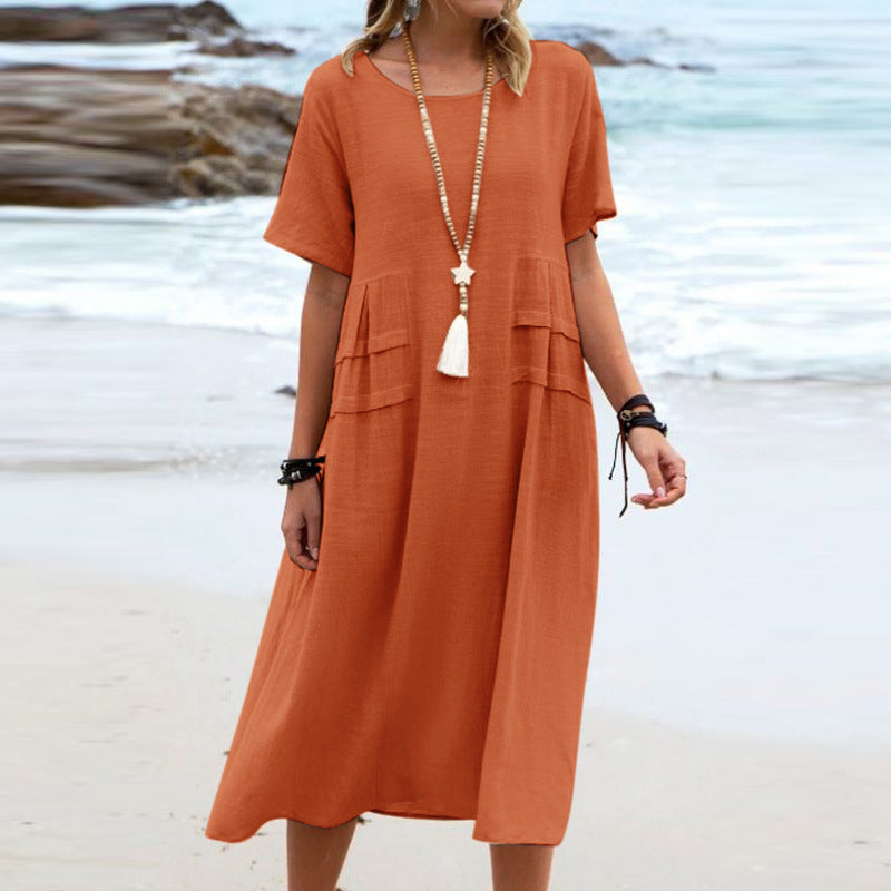 Robe Midi Décontractée d'Été – Élégance Naturelle en Coton & Lin Orange 8165a3f1-a5c2-473b-9e07-64556aa887a0